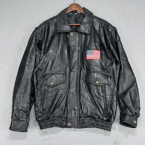 Vintage Mens Black Patchwork Leather Bomber Jacket God Bless America Eagle Large - Picture 2 of 12